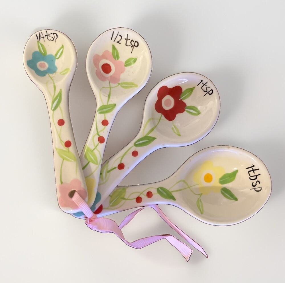 Glazed Ceramic Measuring Spoons Hand Painted Floral Set Of Four 1/4, 1/2, 1t, 1T